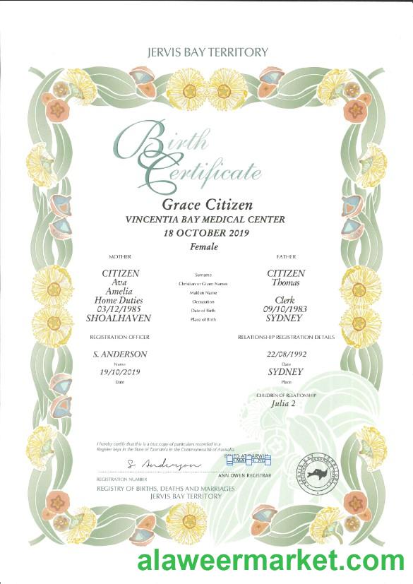 Australia Jervis Bay Territory decorative birth certificate template in PSD format